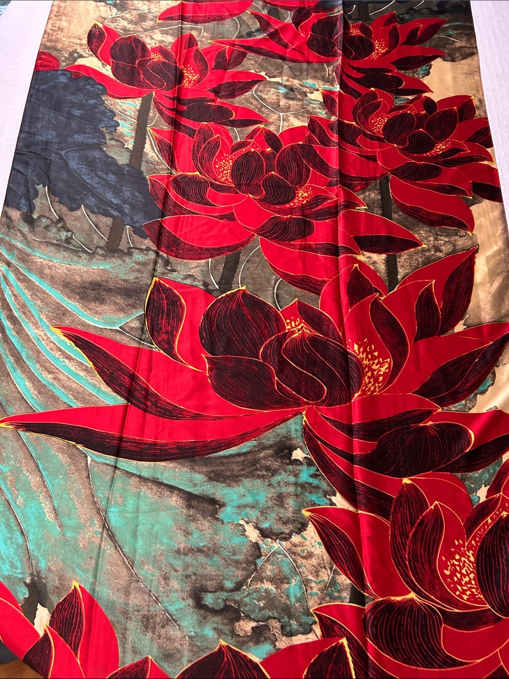 Stunning Bold Red lotus Floral Silk Scarf with Teal and Gold Accents 72”X 34”